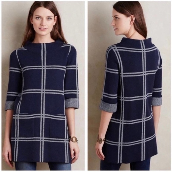 Moth by Anthropologie wool mock sweater tunic plaid blue size MP - Picture 1 of 6